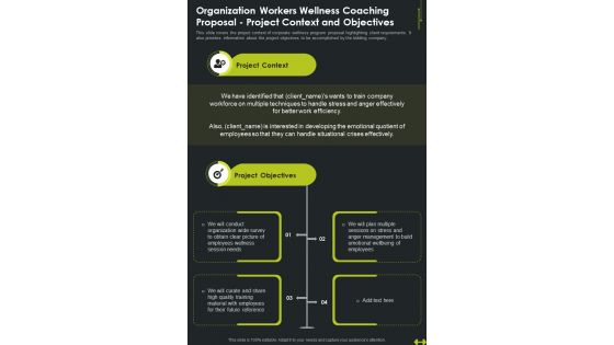 Organization Workers Wellness Coaching Project Context And Objectives One Pager Sample Example Document