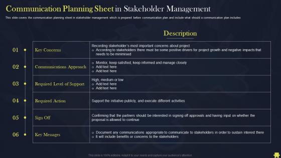 Organize Monitor And Improve Relationships Communication Planning Sheet In Stakeholder Management