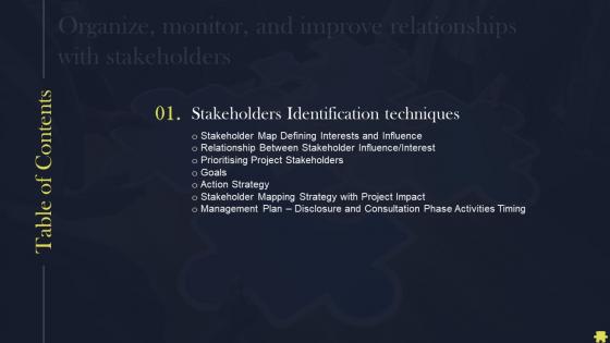 Organize Monitor And Improve Relationships With Stakeholders For Table Of Contents