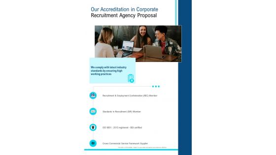 Our Accreditation In Corporate Recruitment Agency Proposal One Pager Sample Example Document
