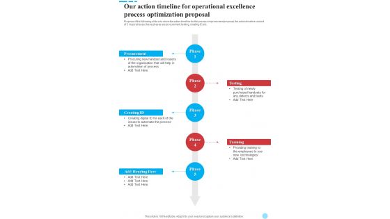 Our Action Timeline For Operational Excellence Process Optimization Proposal One Pager Sample Example Document