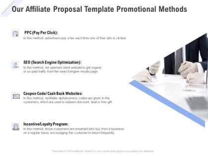 Our affiliate proposal template promotional methods ppt slides
