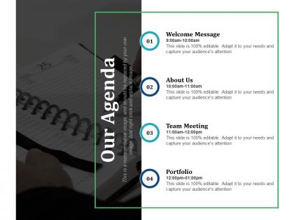 Our agenda welcome message about us team meeting portfolio