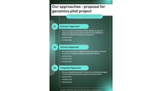 Our Approaches Proposal For Genomics Pilot Project One Pager Sample Example Document