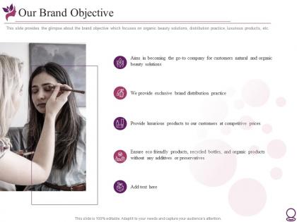 Our brand objective beauty services pitch deck investor funding elevator ppt infographics topics