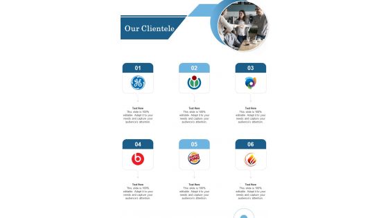 Our Clientele Marketing Proposal One Pager Sample Example Document