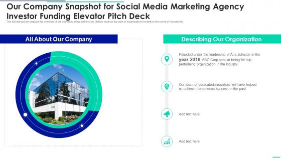 Our Company Snapshot For Social Media Marketing Agency Investor Funding Elevator Pitch Deck