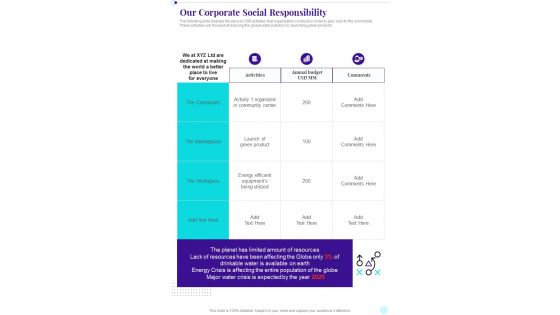 Our Corporate Social Responsibility Business Playbook One Pager Sample Example Document