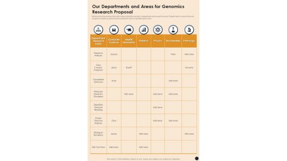 Our Departments And Areas For Genomics Research Proposal One Pager Sample Example Document