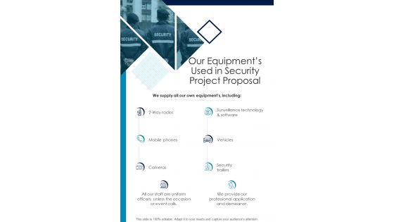 Our Equipments Used In Security Project Proposal One Pager Sample Example Document