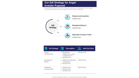 Our Exit Strategy For Angel Investor Proposal One Pager Sample Example Document