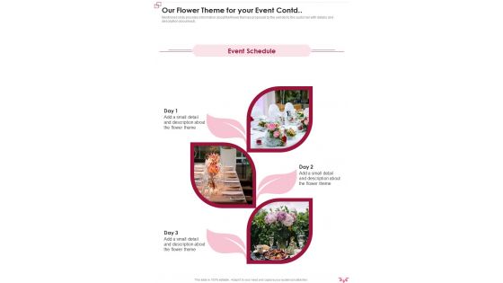 Our Flower Theme For Your Event Contd Business For Event Floral One Pager Sample Example Document