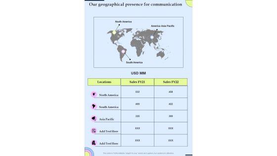 Our Geographical Presence Corporate Communication Playbook One Pager Sample Example Document