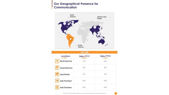 Our Geographical Presence For Communication One Pager Sample Example Document