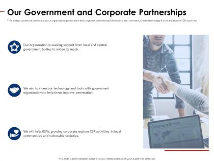 Our government and corporate partnerships non profit pitch deck ppt pictures diagrams