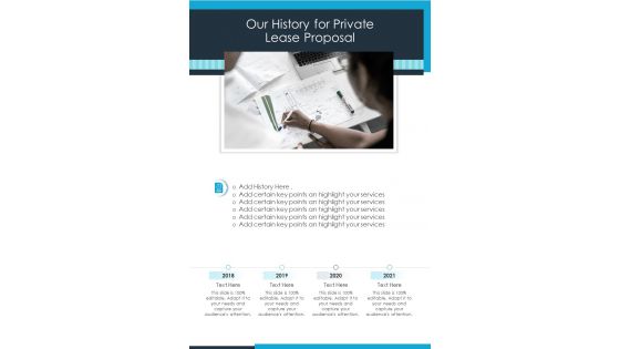 Our History For Private Lease Proposal One Pager Sample Example Document