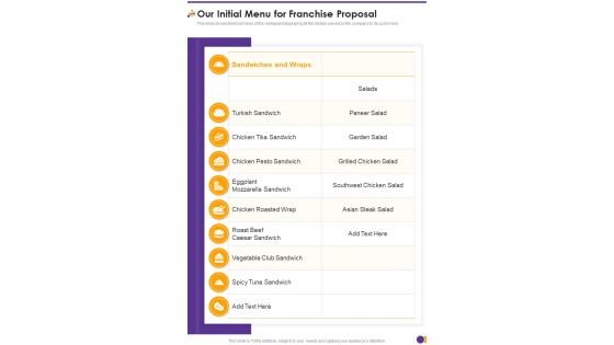 Our Initial Menu For Franchise Proposal One Pager Sample Example Document