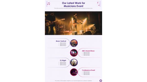 Our Latest Work For Musicians Event One Pager Sample Example Document