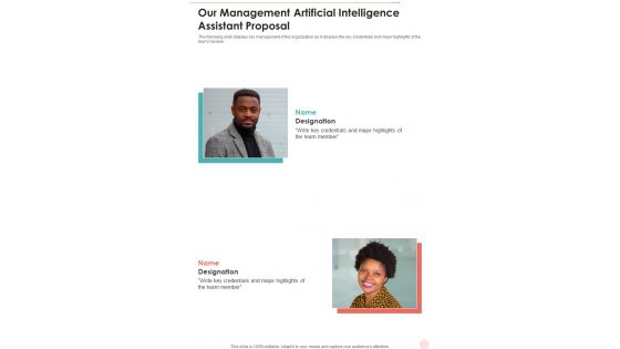 Our Management Artificial Intelligence Assistant Proposal One Pager Sample Example Document