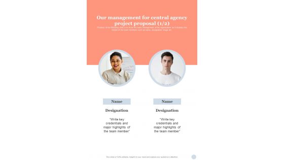 Our Management For Central Agency Project Proposal One Pager Sample Example Document