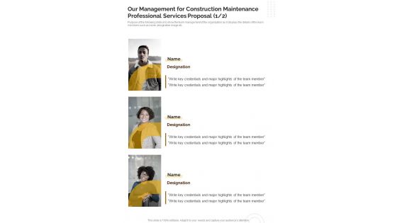 Our Management For Construction Maintenance Professional One Pager Sample Example Document