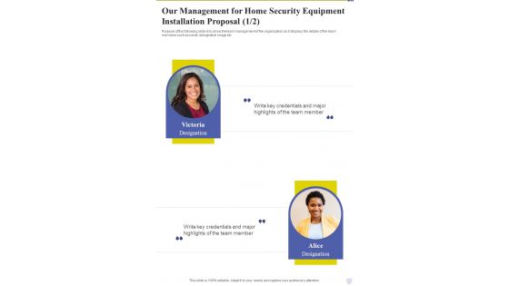 Our Management For Home Security Equipment Installation Proposal One Pager Sample Example Document