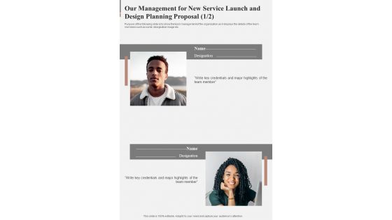 Our Management For New Service Launch And Design Planning One Pager Sample Example Document