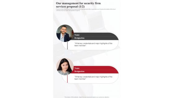 Our Management For Security Firm Services Proposal One Pager Sample Example Document