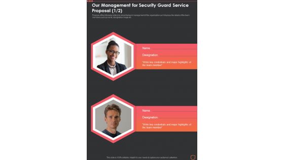 Our Management For Security Guard Service One Pager Sample Example Document