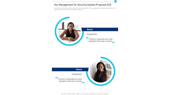 Our Management For Security System Proposal One Pager Sample Example Document