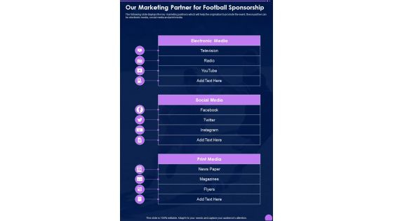 Our Marketing Partner For Football Sponsorship One Pager Sample Example Document