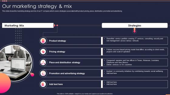 Our Marketing Strategy And Mix Small It Business Company Profile Ppt File Graphics Template