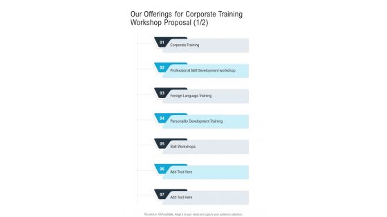 Our Offerings For Corporate Training Workshop Proposal One Pager Sample Example Document