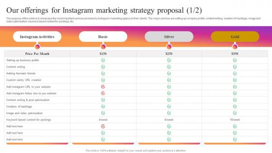 Our Offerings For Instagram Marketing Strategy Proposal Ppt Icon Design Inspiration