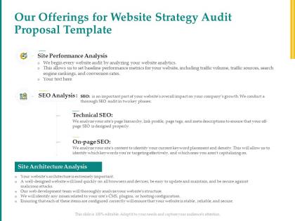 Our offerings for website strategy audit proposal template ppt powerpoint show