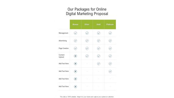 Our Packages For Online Digital Marketing Proposal One Pager Sample Example Document