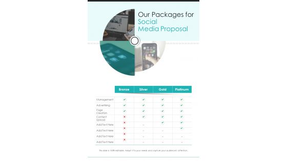 Our Packages For Social Media Proposal One Pager Sample Example Document