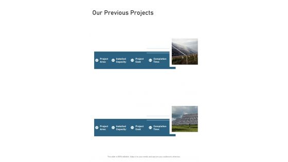 Our Previous Projects Solar Power Project Proposal One Pager Sample Example Document