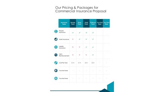 Our Pricing And Packages For Commercial Insurance Proposal One Pager Sample Example Document