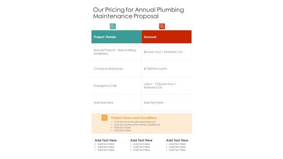 Our Pricing For Annual Plumbing Maintenance Proposal One Pager Sample Example Document