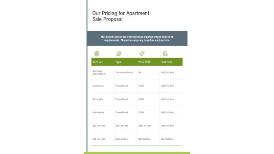 Our Pricing For Apartment Sale Proposal One Pager Sample Example Document