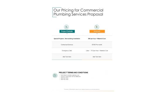 Our Pricing For Commercial Plumbing Services Proposal One Pager Sample Example Document