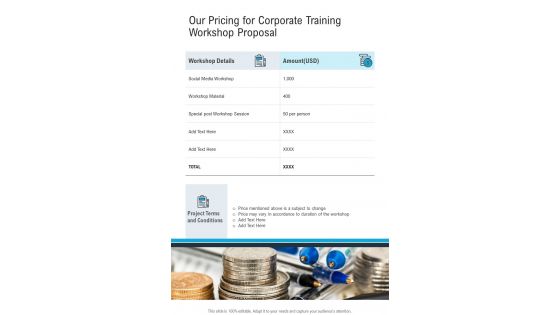 Our Pricing For Corporate Training Workshop Proposal One Pager Sample Example Document