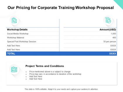Our pricing for corporate training workshop proposal ppt powerpoint presentation outfit
