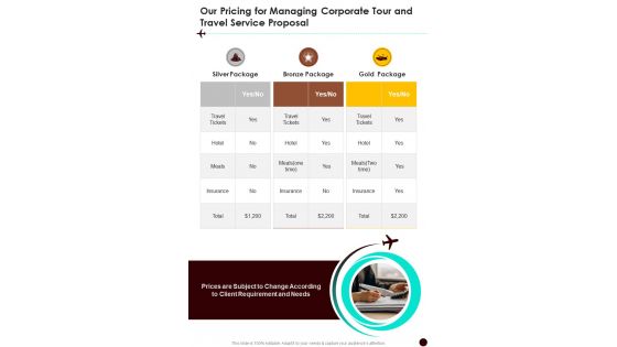 Our Pricing For Managing Corporate Tour And Travel Service One Pager Sample Example Document