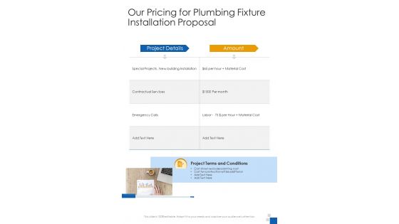 Our Pricing For Plumbing Fixture Installation Proposal One Pager Sample Example Document