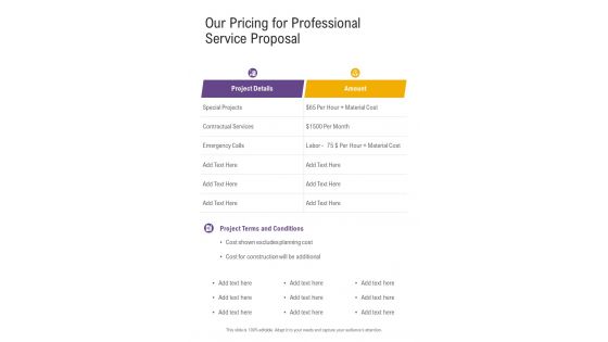Our Pricing For Professional Service Proposal One Pager Sample Example Document