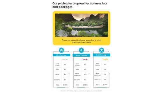 Our Pricing For Proposal For Business Tour And Packages One Pager Sample Example Document
