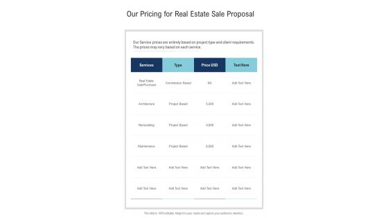 Our Pricing For Real Estate Sale Proposal One Pager Sample Example Document