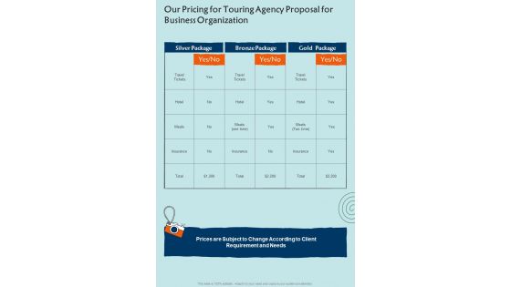 Our Pricing For Touring Agency Proposal For Business Organization One Pager Sample Example Document